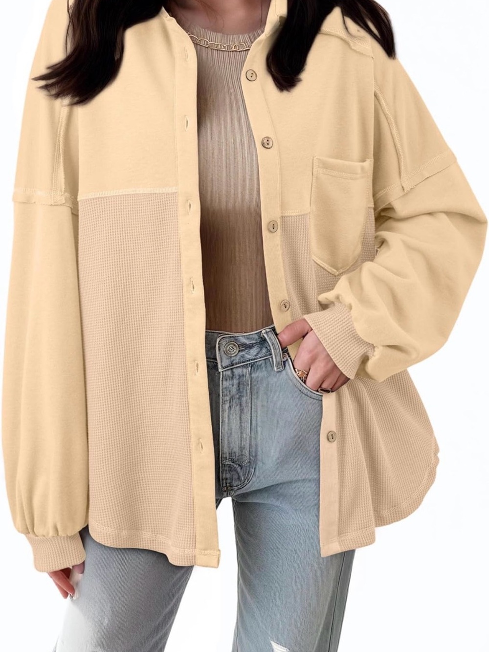 SHEWIN Two-Tone Beige Button-Up Utility Jacket
